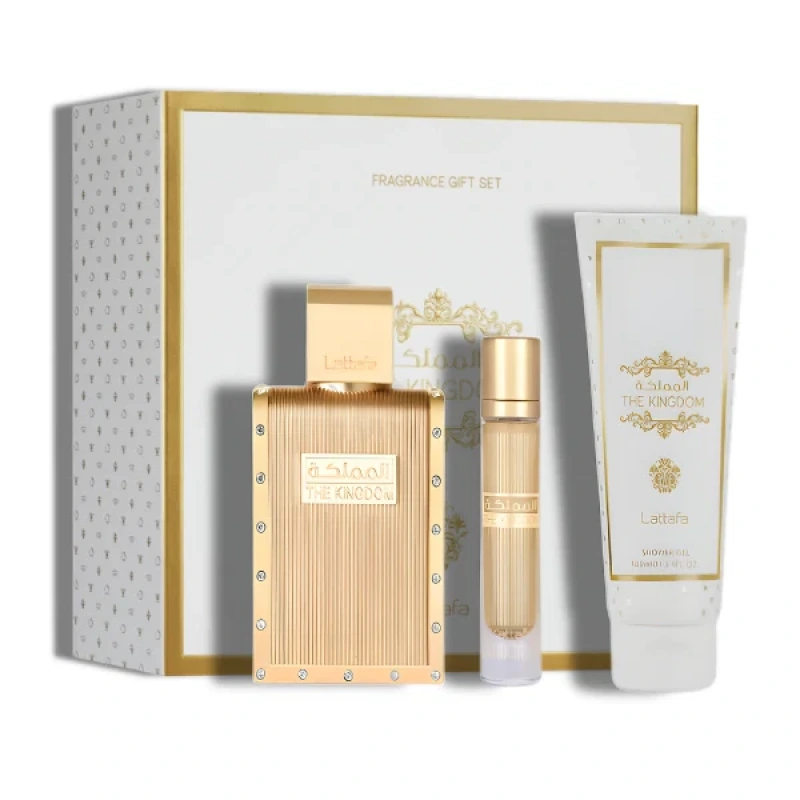 Lattafa The Kingdom EdP 100 ml + EdP 12 ml + 100 ml sprchový gel, Darčeková sada (M) 2